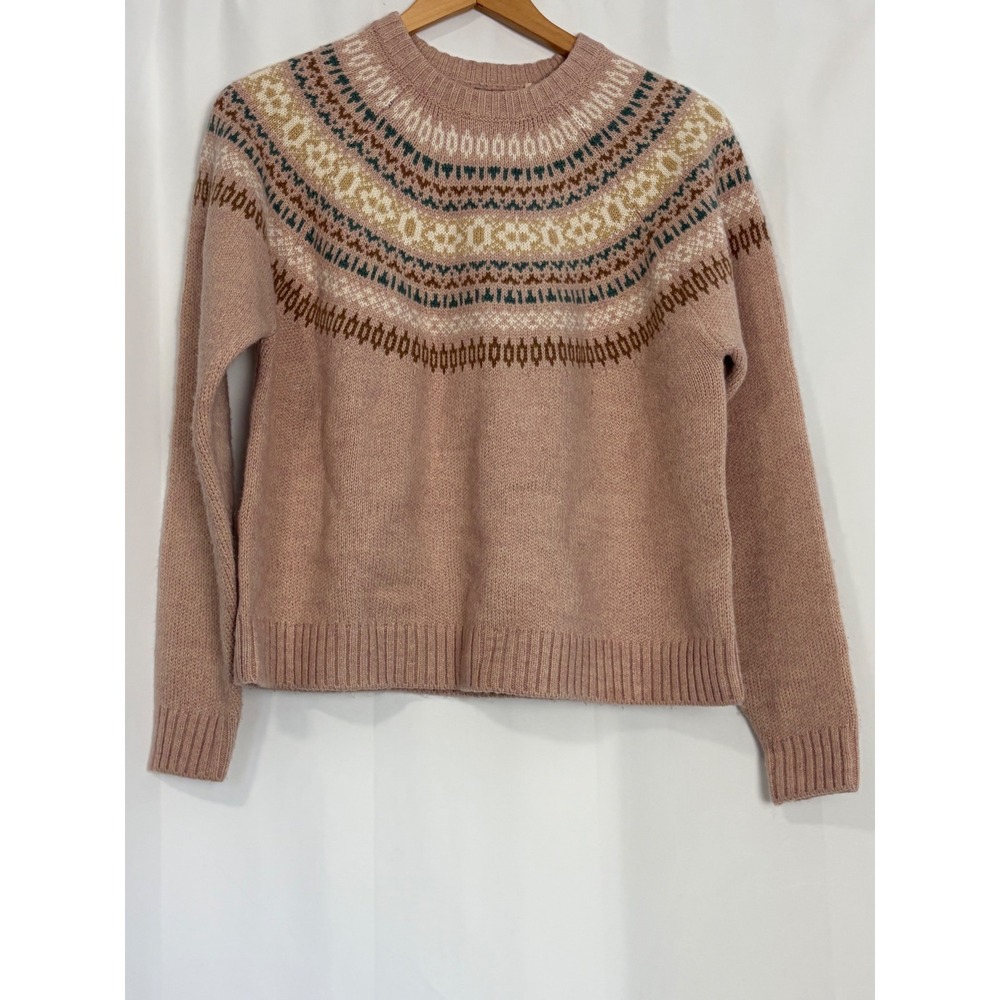 Alpine Design Womens Fair Isle Sweater Pink Wool Blend Knit Crew Neck Small
